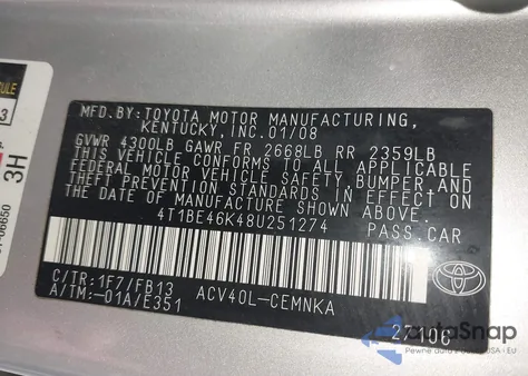 2008 Toyota Camry from USA, damaged, VIN 4T1BE46K48U251274